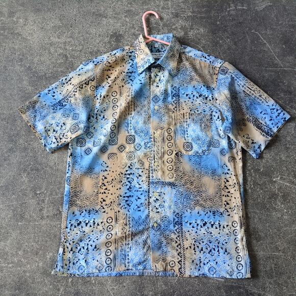 Vintage Georg Roth Shirt Mens M Geometric Tribal Blue Short Sleeve Button Up - Picture 1 of 8